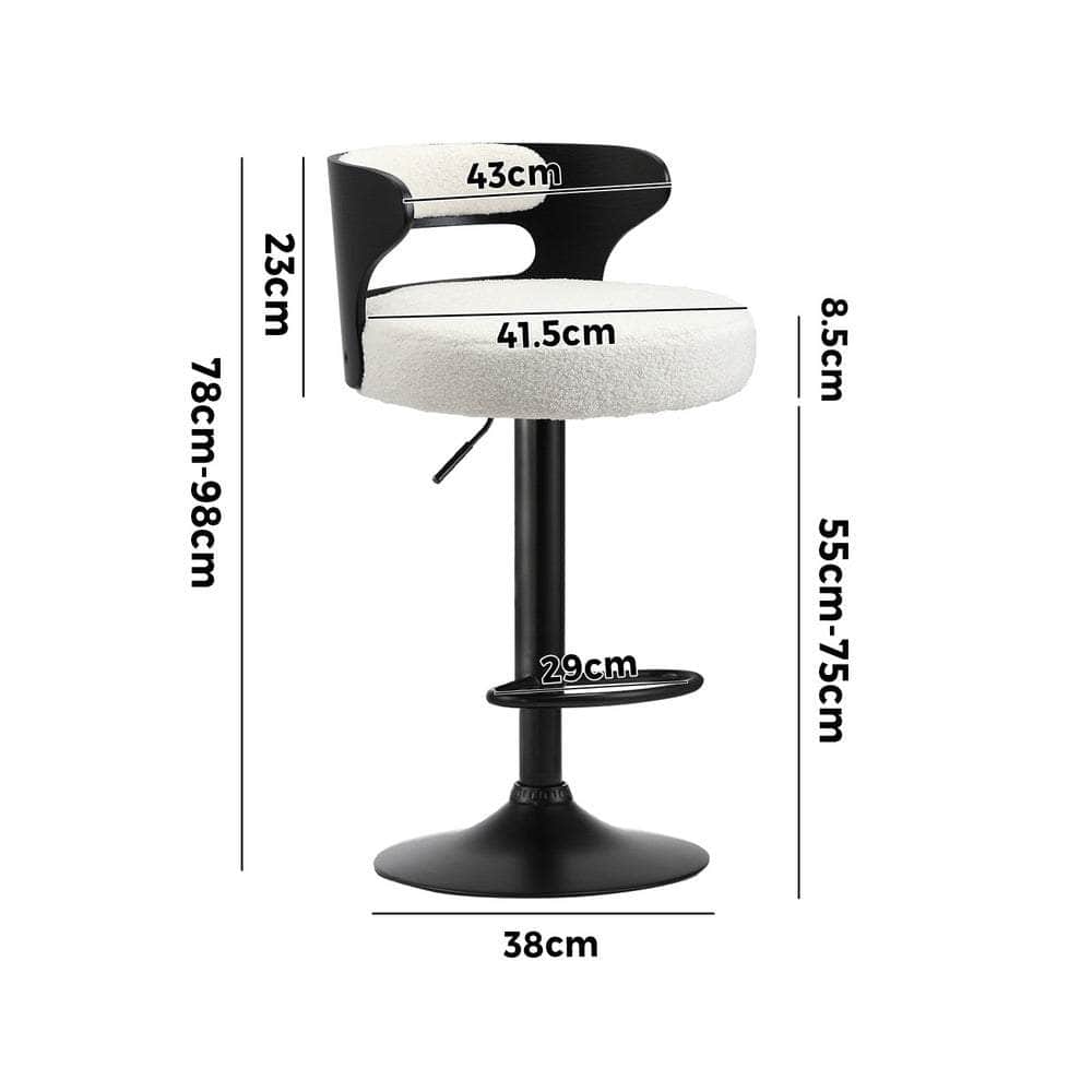 2x Bar Stools Gas Lift Swivel Chairs Wooden Boucle White
