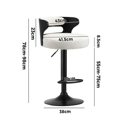 2x Bar Stools Gas Lift Swivel Chairs Wooden Boucle White