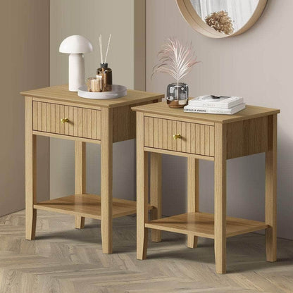 2x Bedside Table 1 Drawer Open Shelf Nightstand Natural