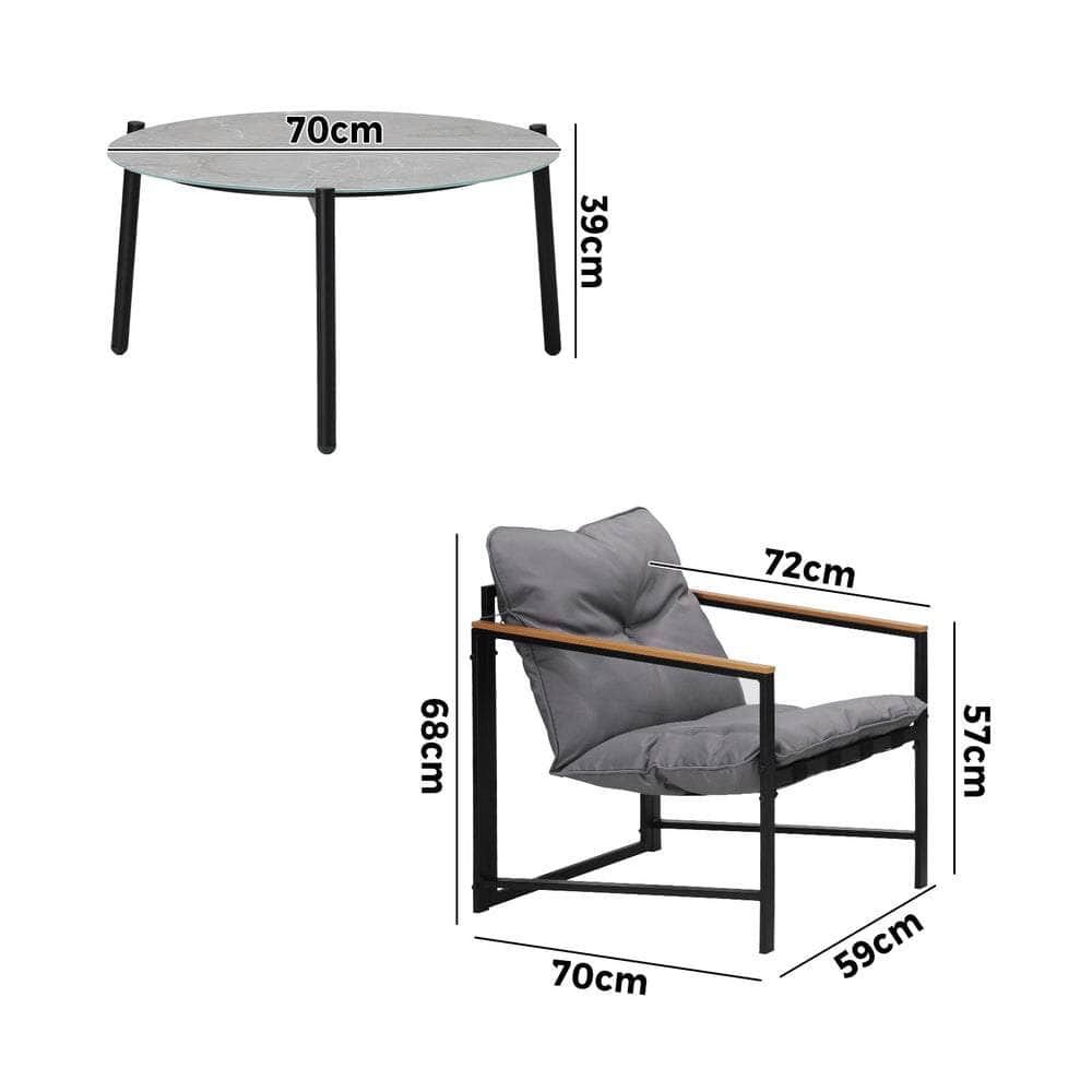 3PC Outdoor Patio Set 70CM Round Table with 2 Armchairs
