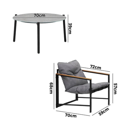 3PC Outdoor Patio Set 70CM Round Table with 2 Armchairs