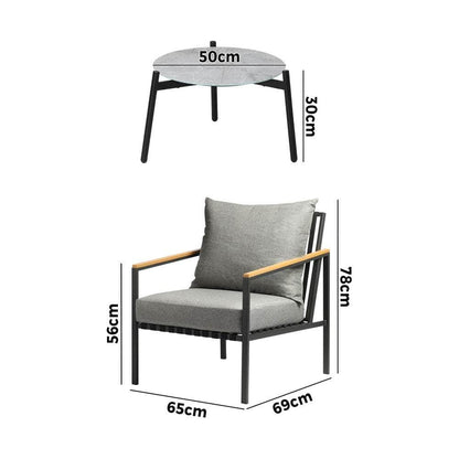 3PCS Outdoor Lounge Set Grey 50cm Coffee Table Chairs