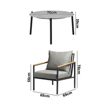 3PCS Outdoor Lounge Set Grey 70cm Coffee Table Chairs
