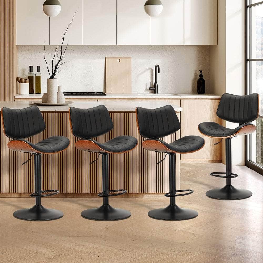 4x Bar Stool Kitchen Swivel Chair Wooden Leather Gas Lift