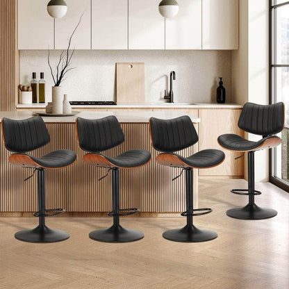 4x Bar Stool Kitchen Swivel Chair Wooden Leather Gas Lift