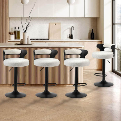 4x Bar Stools Gas Lift Swivel Chairs Wooden Boucle White