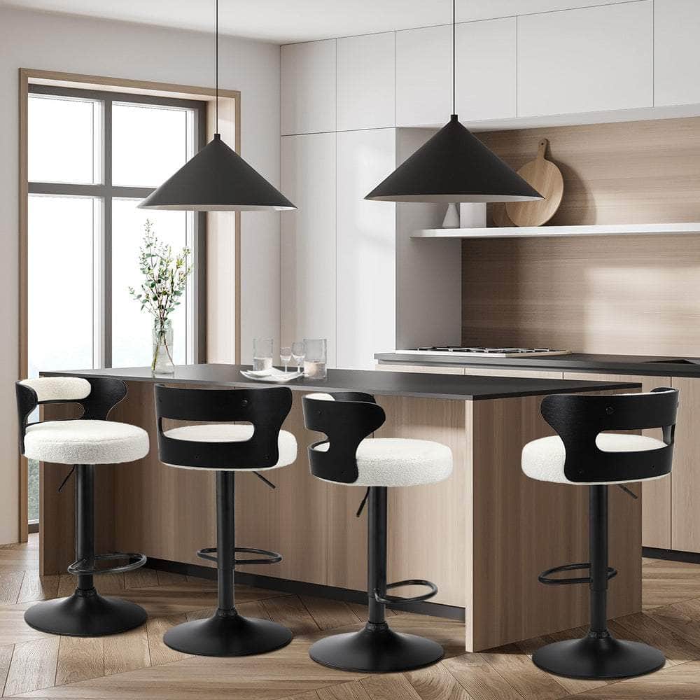 4x Bar Stools Gas Lift Swivel Chairs Wooden Boucle White