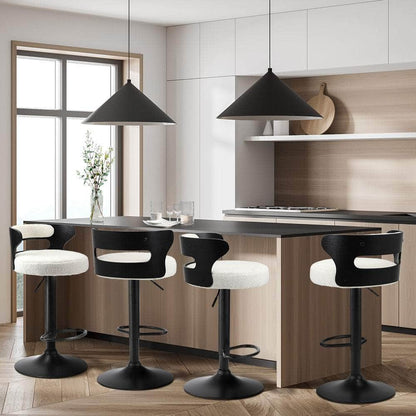 4x Bar Stools Gas Lift Swivel Chairs Wooden Boucle White