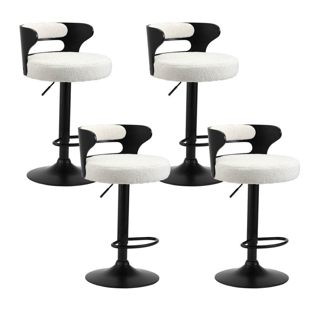 4x Bar Stools Gas Lift Swivel Chairs Wooden Boucle White