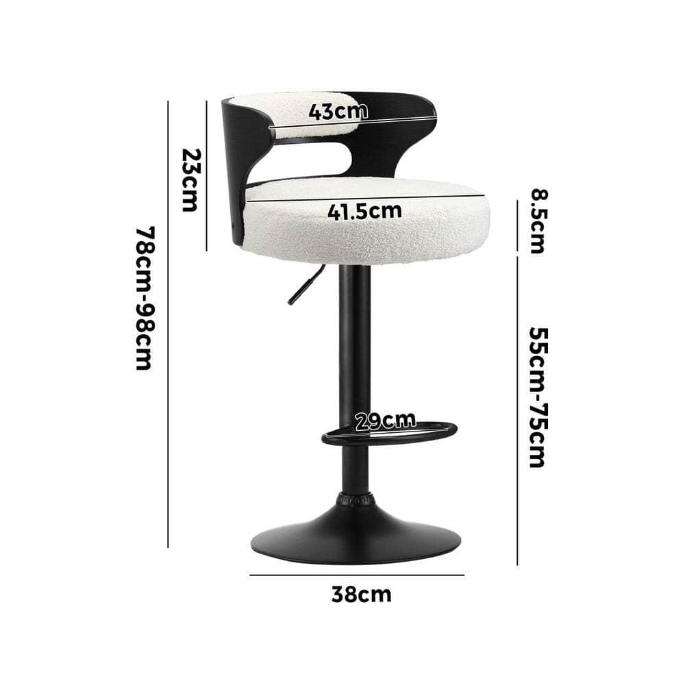 4x Bar Stools Gas Lift Swivel Chairs Wooden Boucle White