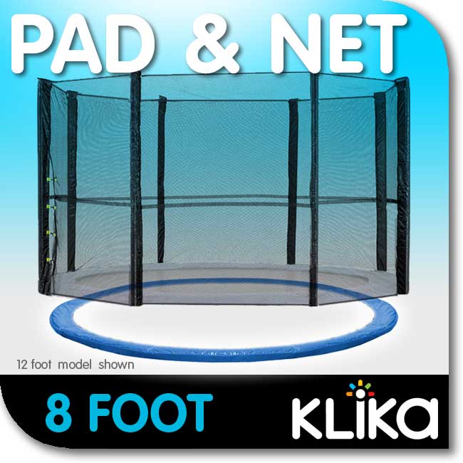 8Ft Trampoline Replacement Safety Pad And Net Round  6 Poles Blue