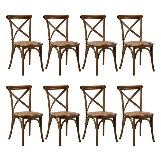 8PCS Crossback Wooden Dining Chair Rattan Seat Walnut