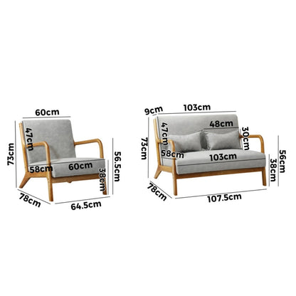 3PCS Armchair Lounge set 1/2 Seater 2 Pillows Fabric Grey