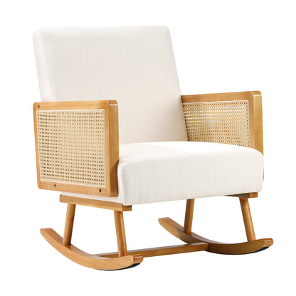 2x Rocking Chair Nursing Armchair Linen PE Rattan Beige