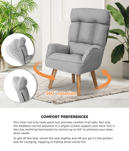 Armchair wit Stool, Home Lounge with 360 Swivel Seat and 145 Recline Grey
