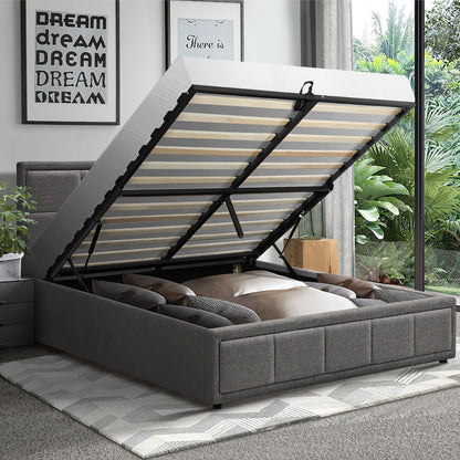 Bed Frame Double Size Gas Lift Storage Base Fabric Grey/White