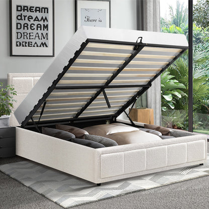 Bed Frame Double Size Gas Lift Storage Base Fabric Grey/White