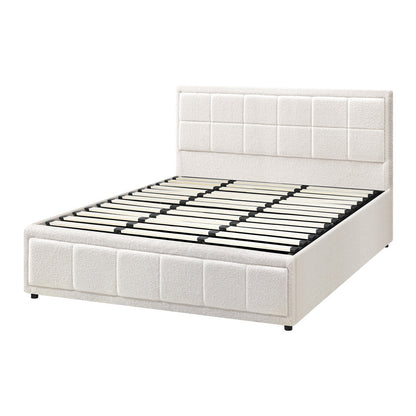 Bed Frame Double Size Gas Lift Storage Base Fabric Grey/White