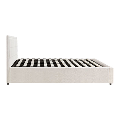 Bed Frame Double Size Gas Lift Storage Base Fabric Grey/White