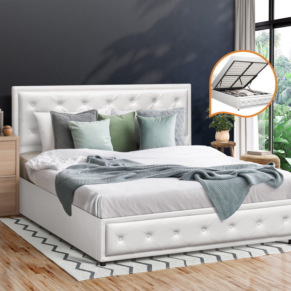 Bed Frame with Storage Space Gas Lift Bed Mattress Base White