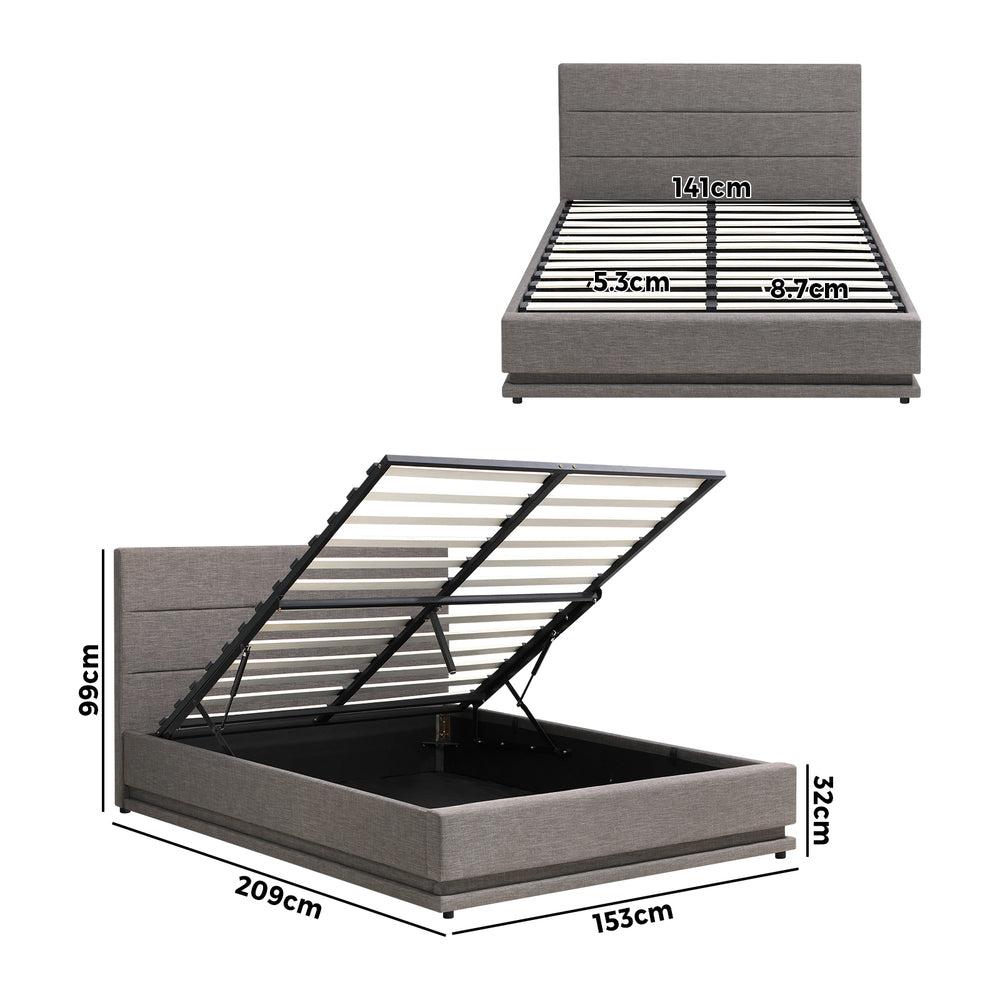 Queen Bed Frame LED Mattress Base with Gas Lift and Storage Space Grey