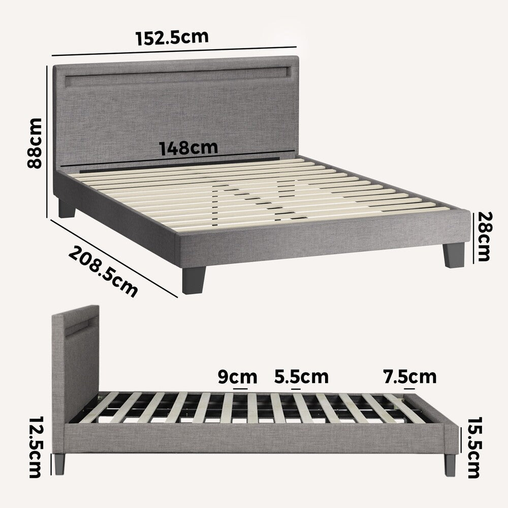 Bed Frame RGB LED Queen Size Mattress Base Platform Wooden Grey Fabric