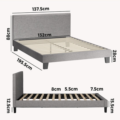Bed Frame Double Size Mattress Base Platform Wooden Slats Grey Fabric