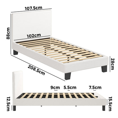 King Single Bed Frame with Wooden Slats and Boucle Fabric Bed Base Mattress Platfrom White