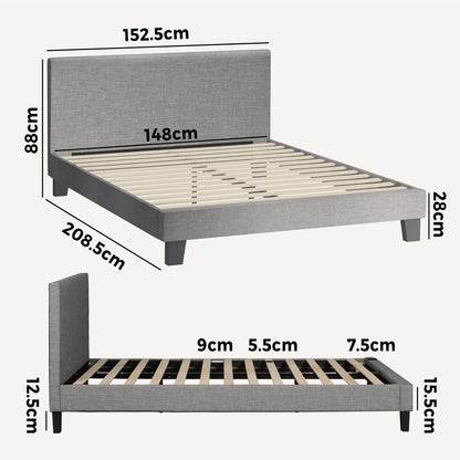 Bed Frame Queen Size Mattress Base Platform Wooden Slats Grey Fabric