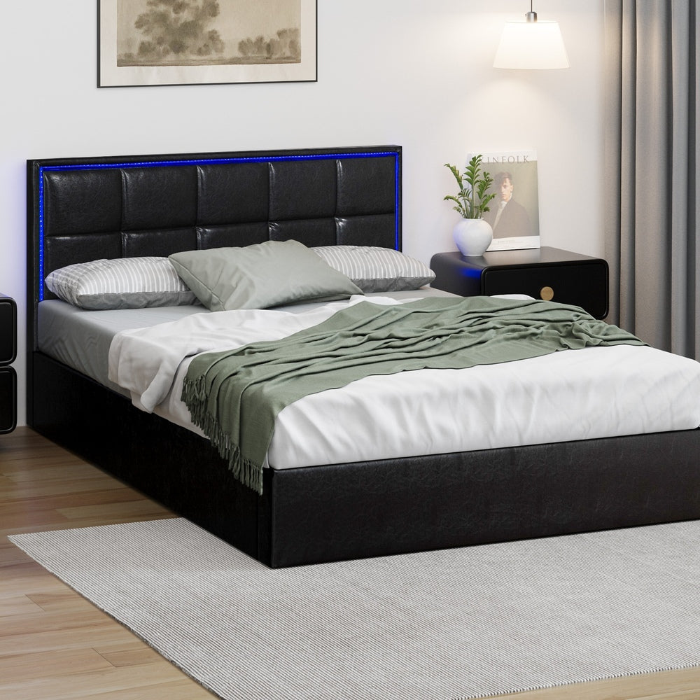 Bed Frame Double King & Single Size RGB LED Gas Lift Storage Base Leather