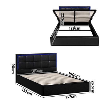 Bed Frame Double King & Single Size RGB LED Gas Lift Storage Base Leather