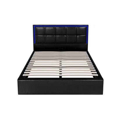 Bed Frame Double King & Single Size RGB LED Gas Lift Storage Base Leather