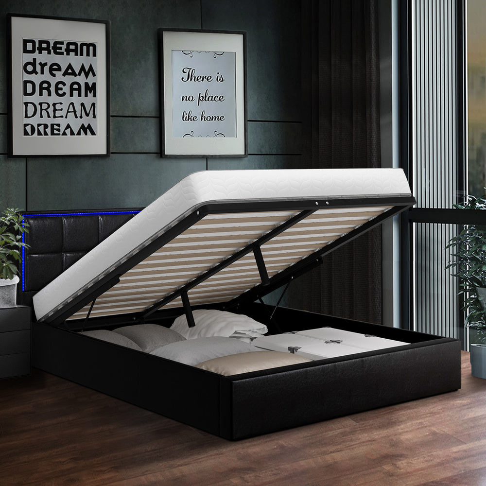 Bed Frame Double King & Single Size RGB LED Gas Lift Storage Base Leather