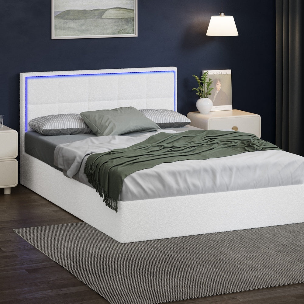 Bed Frame King Single & Double Size RGB LED Gas Lift Storage Base White Boucle