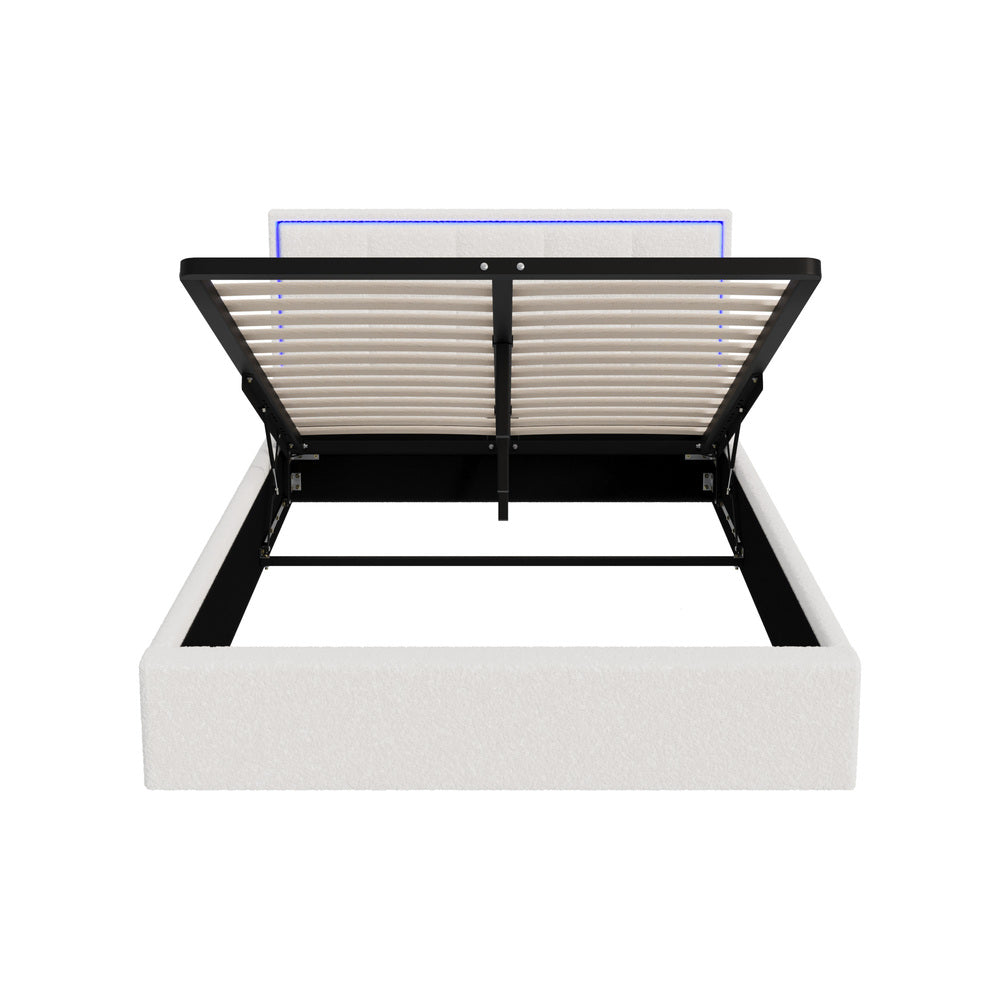 Bed Frame King Single & Double Size RGB LED Gas Lift Storage Base White Boucle