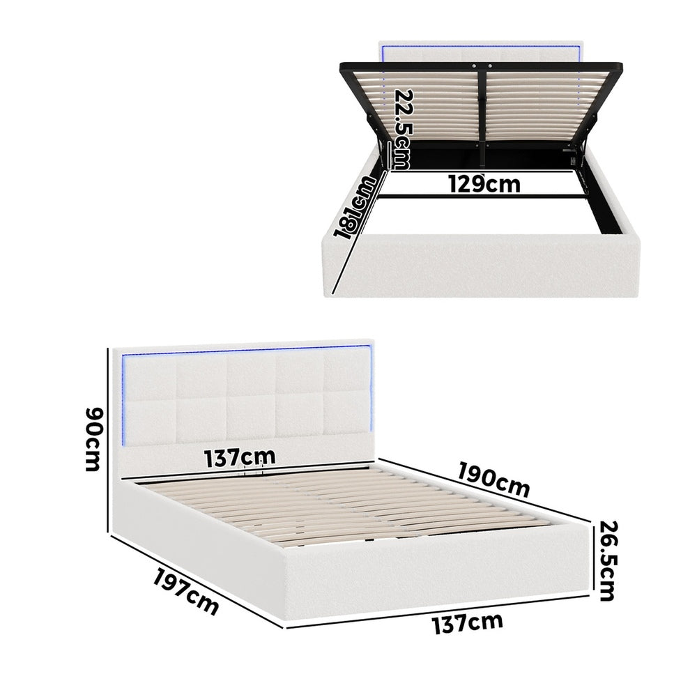 Bed Frame King Single & Double Size RGB LED Gas Lift Storage Base White Boucle