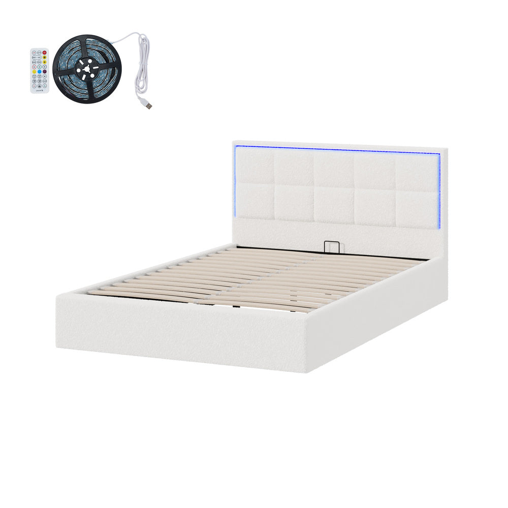 Bed Frame King Single & Double Size RGB LED Gas Lift Storage Base White Boucle