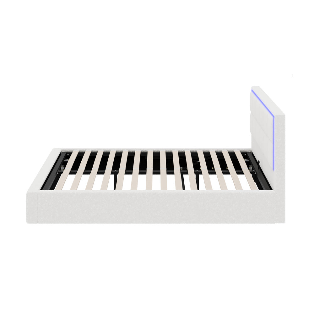 Bed Frame King Single & Double Size RGB LED Gas Lift Storage Base White Boucle