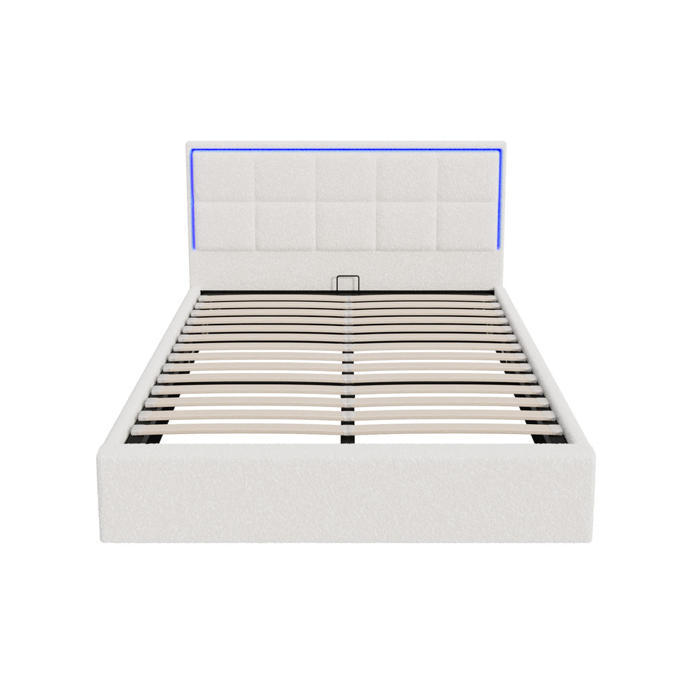 Bed Frame King Single & Double Size RGB LED Gas Lift Storage Base White Boucle