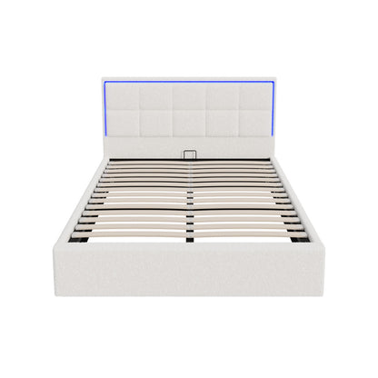 Bed Frame King Single & Double Size RGB LED Gas Lift Storage Base White Boucle