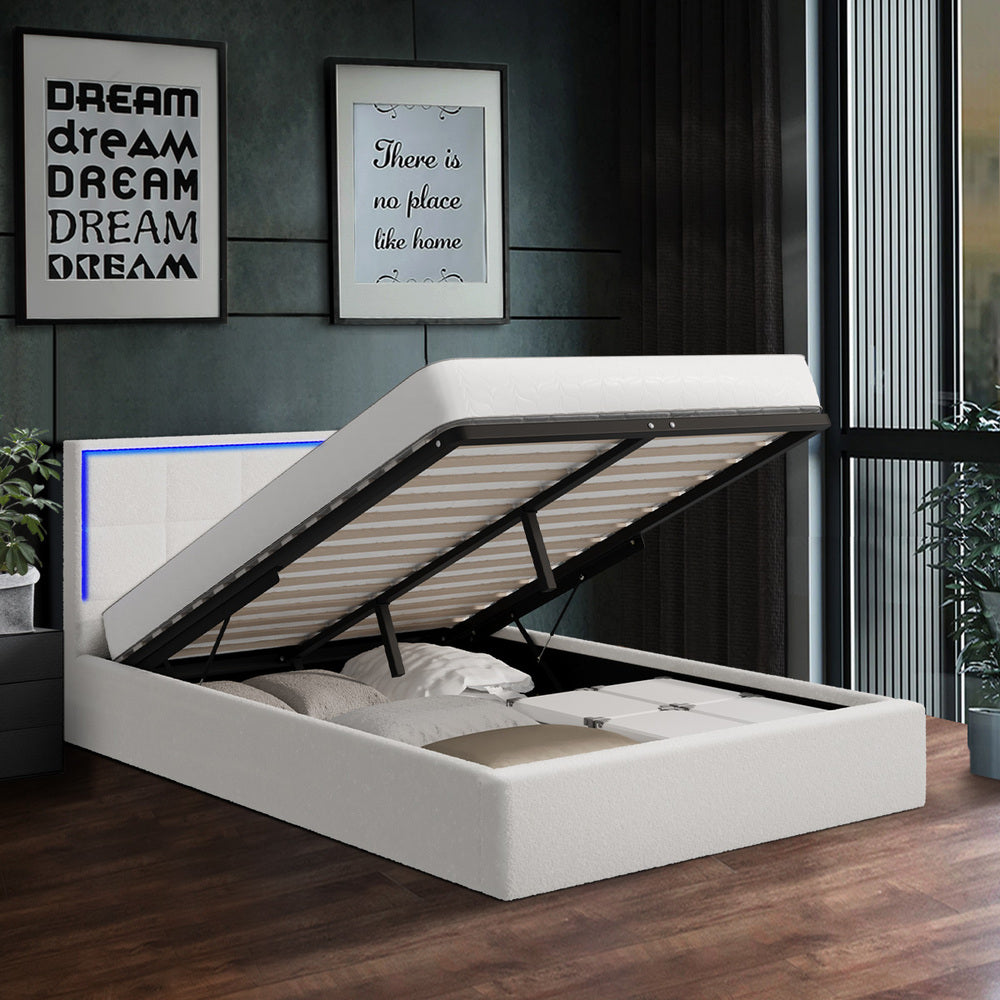 Bed Frame King Single & Double Size RGB LED Gas Lift Storage Base White Boucle