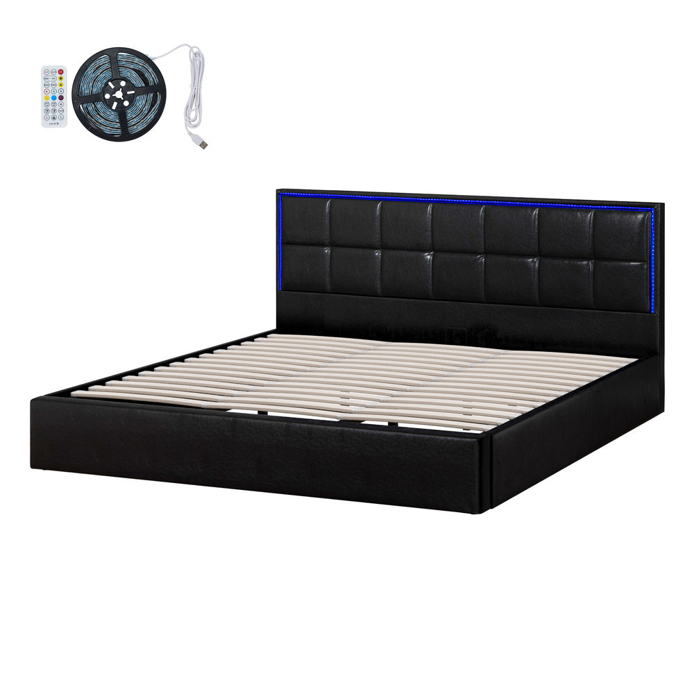 Bed Frame Double King & Single Size RGB LED Gas Lift Storage Base Leather