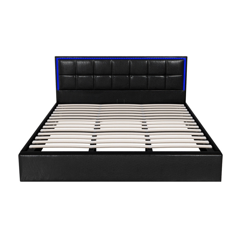 Bed Frame Double King & Single Size RGB LED Gas Lift Storage Base Leather