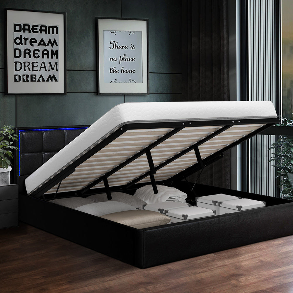 Bed Frame Double King & Single Size RGB LED Gas Lift Storage Base Leather