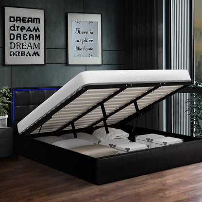 Bed Frame Double King & Single Size RGB LED Gas Lift Storage Base Leather