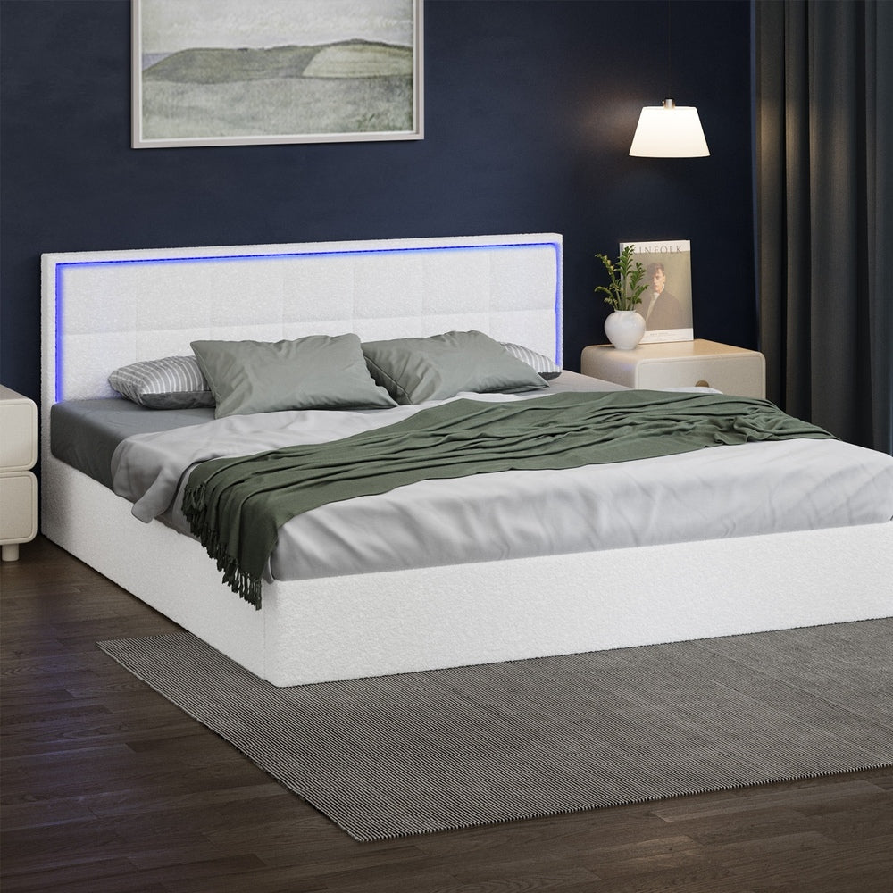 Bed Frame King Single & Double Size RGB LED Gas Lift Storage Base White Boucle