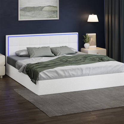 Bed Frame King Single & Double Size RGB LED Gas Lift Storage Base White Boucle