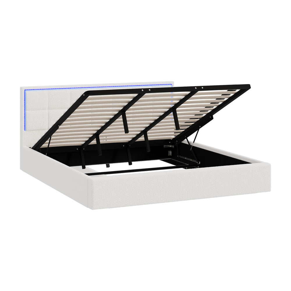 Bed Frame King Single & Double Size RGB LED Gas Lift Storage Base White Boucle