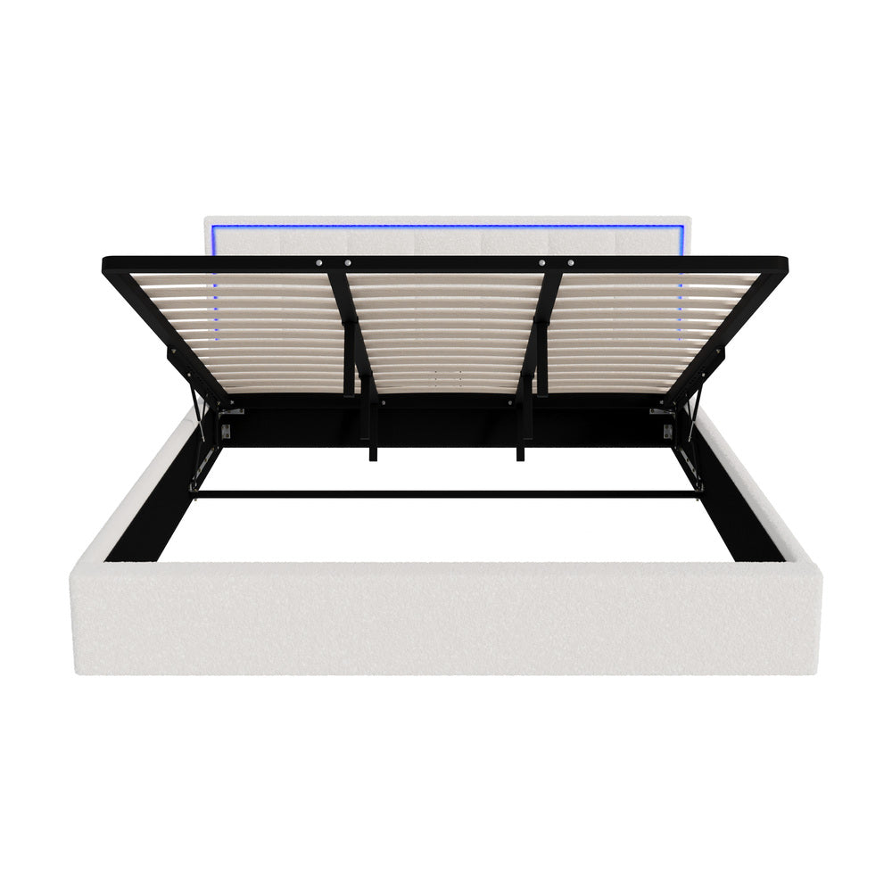 Bed Frame King Single & Double Size RGB LED Gas Lift Storage Base White Boucle