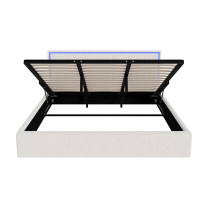 Bed Frame King Single & Double Size RGB LED Gas Lift Storage Base White Boucle